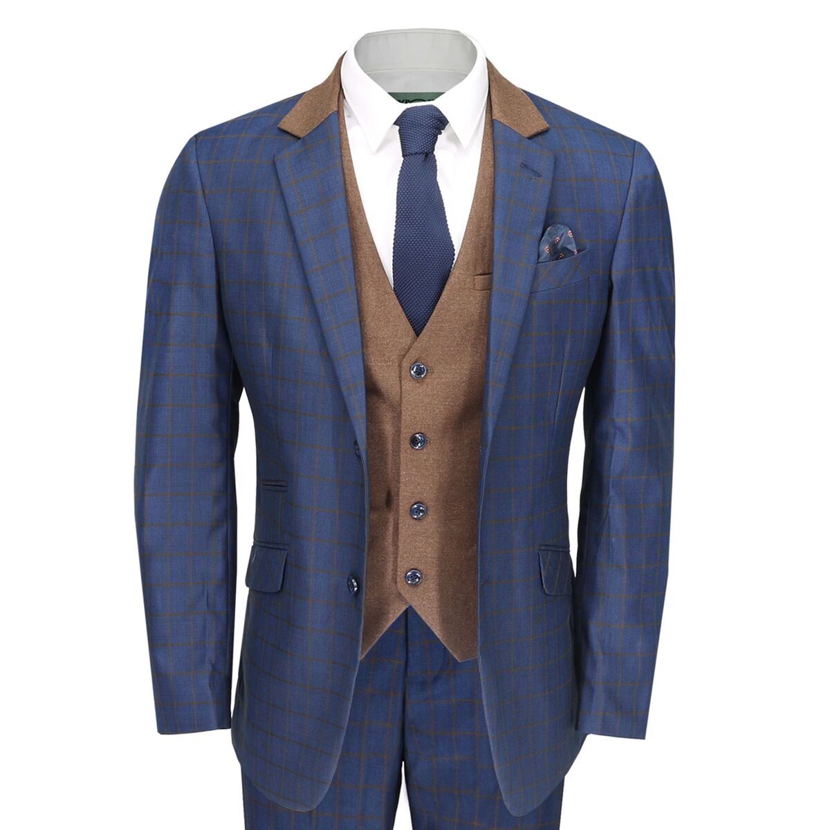 Mens 3 Piece Suit Vintage Windowpane Check Navy Blue Smart