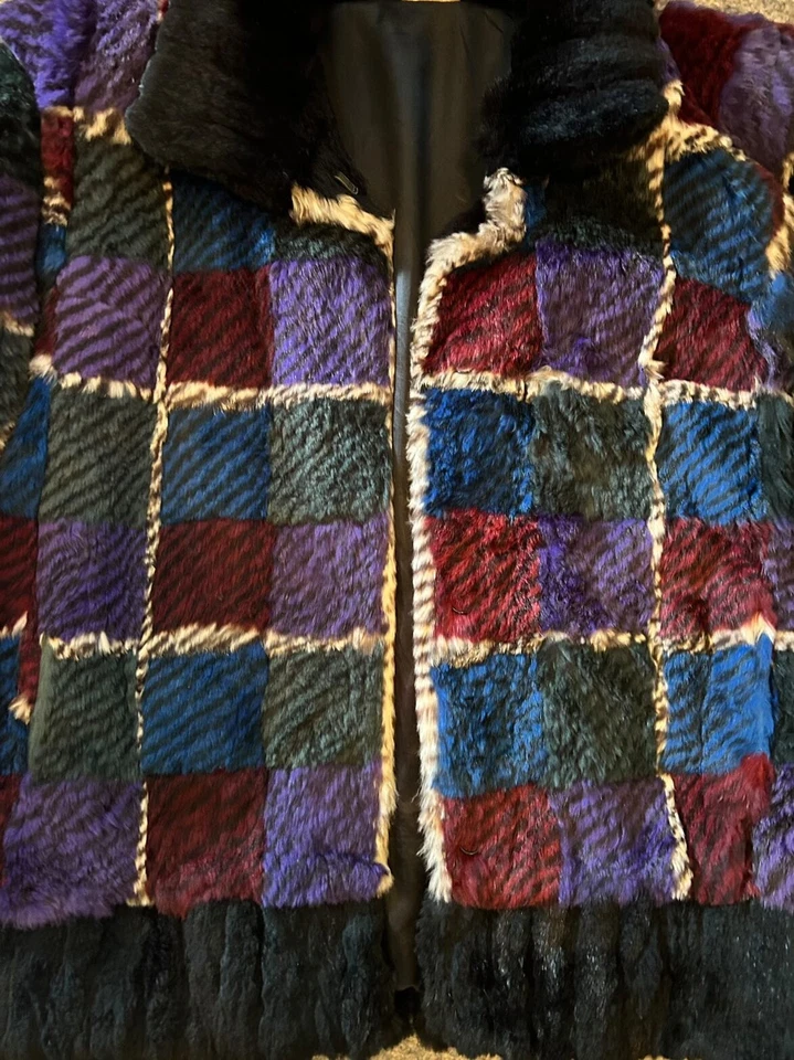 Abrigo de proxeneta vintage 100 % piel de conejo chaqueta patrón geométrico talla M-L archivo años 80 Foto 2 de 4