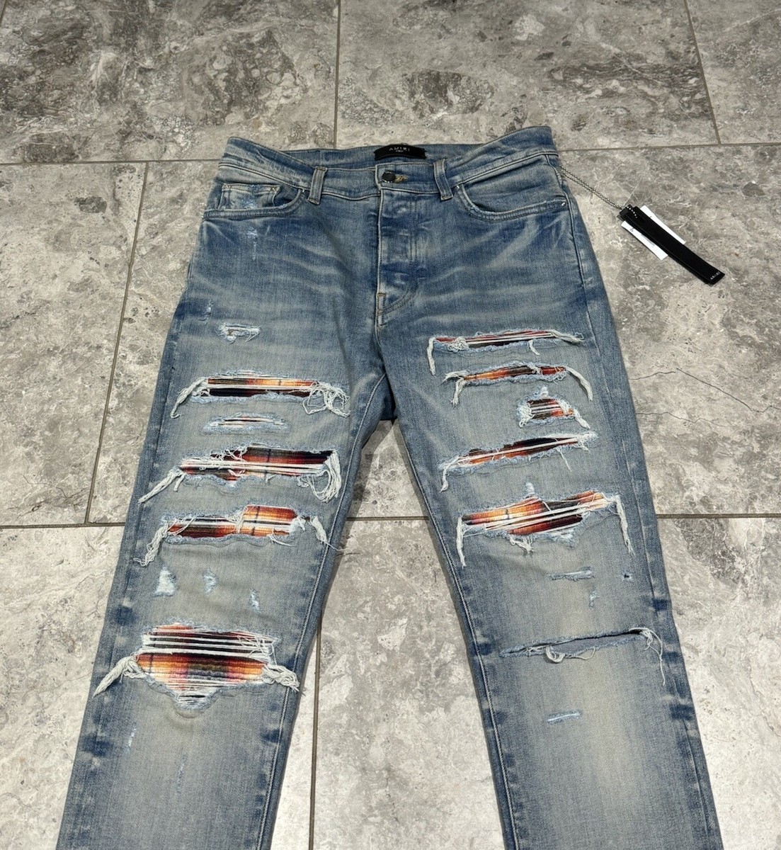 Jean Amiri Thrasher Skinny Délavé Argile Indigo - Taille 36x34, Occasion Parfait état, Effet Empilé