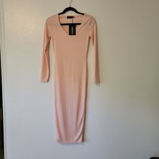 PrettyLittleThing Nude/ Peach Raw Edge Long Sleeve Rib Midi Dress Size 4