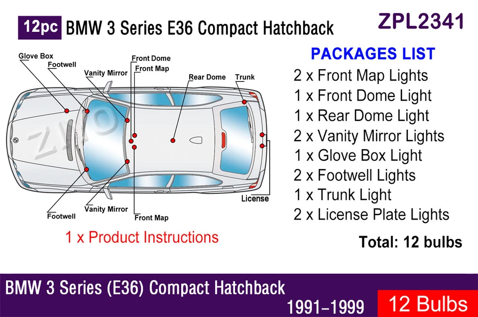 Actualización de 12 bombillas LED interiores para BMW Serie 3 E36 hatchback compacto Foto 2 de 4