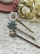 Set of 3 Bridal Wedding Prom Hair Pins Bobby Pins Gold Green Pearl Champagne new