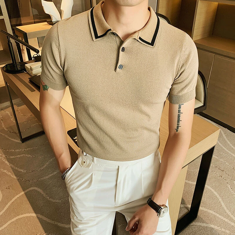 Men s Lapel British Style Business Casual Knitted Solid Color T Shirt Fashion