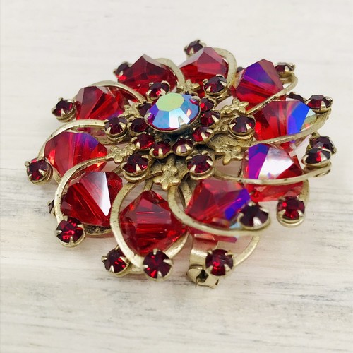 2 - VINTAGE RED PINK AB RHINESTONE NAVETTE BEAD STATEMENT PIN BROOCHES Unmarked - Picture 17 of 21