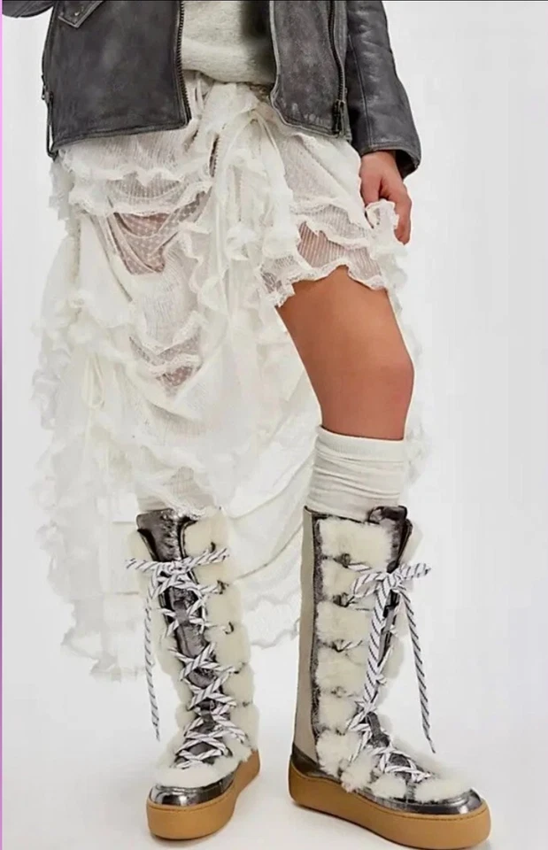 Free People Wilder Mukluk Tall Boots Faux Fur Lined Silver Leather Lace Up 8 - Image 2 of 4