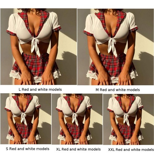 Red and White Plaid Sexy Nightwear Schoolgirl Lingerie Roleplay Costume - Picture 5 of 16