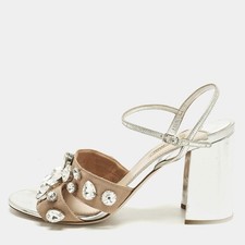 Miu Miu Size 40 Silver Leather Crystal Embellished Ankle Strap Sandals