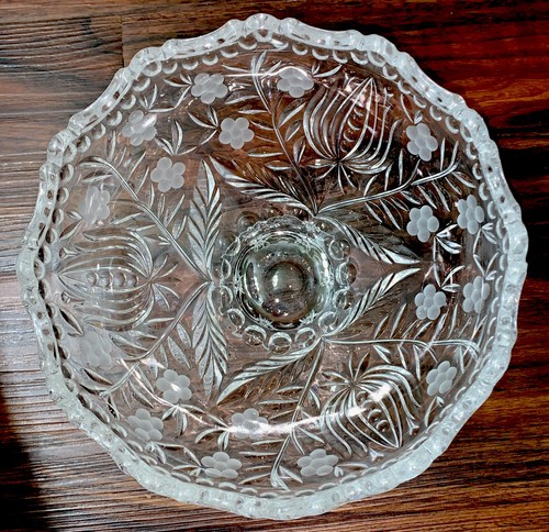 VTG Mid Century Pressed Glass Compote Bowl Draped Rim Floral Oval Band 8 Inch