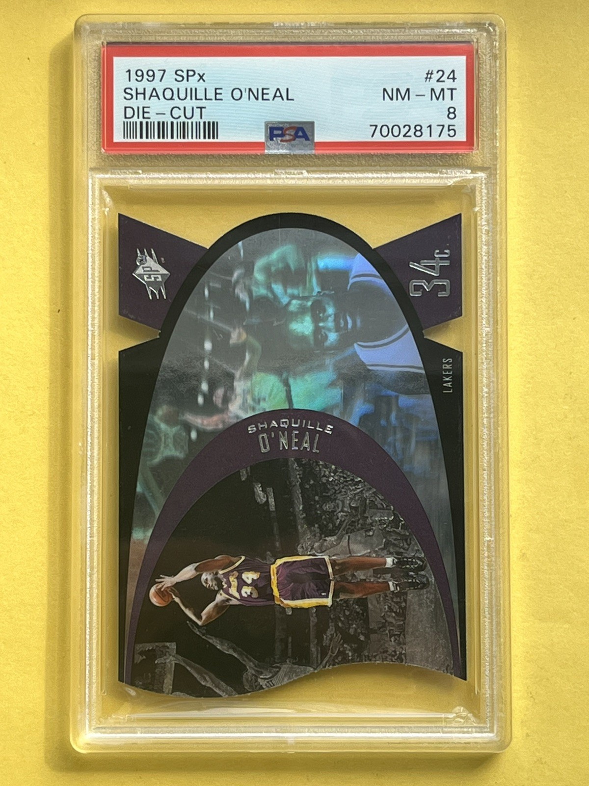 1997 Upper Deck SPx Shaquille O'Neal #24 Die-Cut - PSA 8 - Los Angeles Lakers view 2