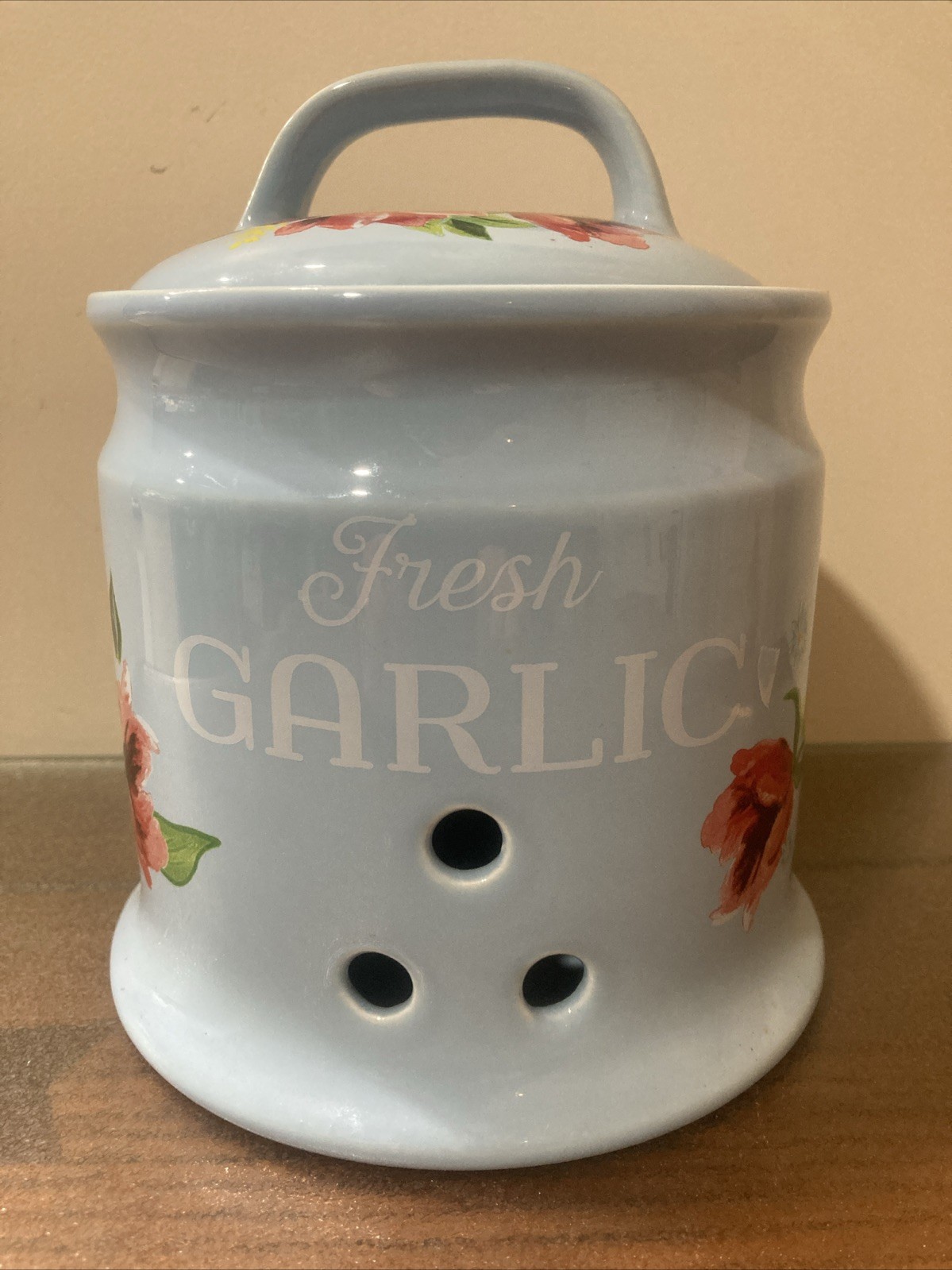 Pioneer Woman GARLIC KEEPER JAR W/LID Blue Floral Spring Bouquet NEW