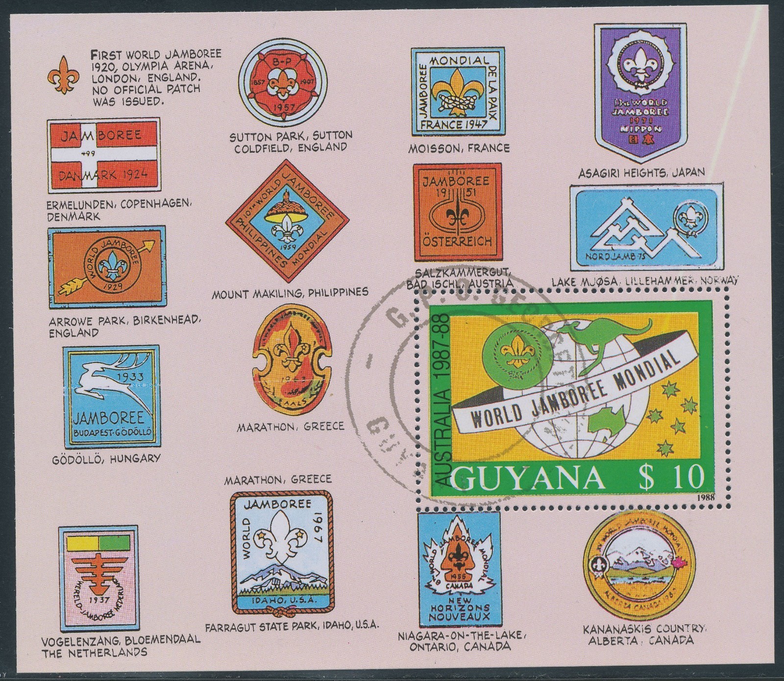 GUYANA 1989 World Jamboree Australia 10 $ VFU MS ERROR/VARIETY: WHITE LINE