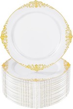 100Pcs White and Gold Plastic Plates - 7.5inch Gold Disposable Plates - Heavy...