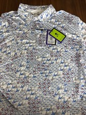 Robert Graham Mens SZ L Geometric White Blue SS Polo Shirt NWT Polyester Spandex