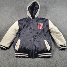 Tommy Hilfiger Jacket Boys Large 14/16 Navy Varsity Hooded Bomber H Patch