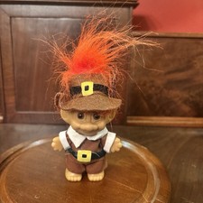 Vintage Russ Troll Doll 3.5 Thanksgiving Pilgrim Orange Hair 1980s Holiday