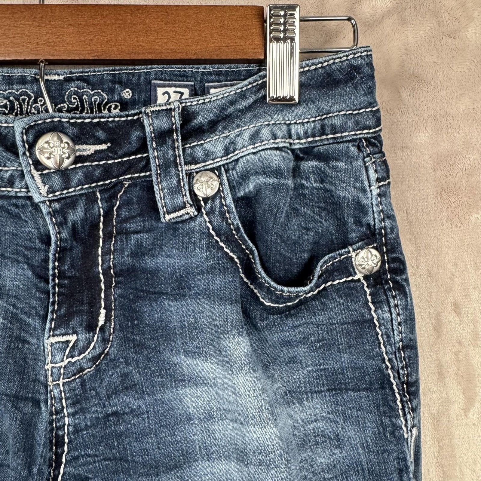 Miss Me Jeans Women 27 Blue Low Rise Standard Skinny Distressed Cross Rhinestone image 5
