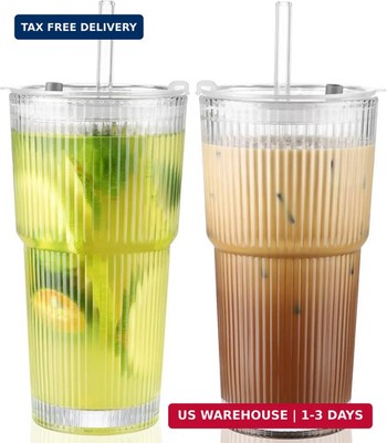 20 Oz Glass Cups with Lid and Straw 2 Set, Glass Tumbler with Straw and L