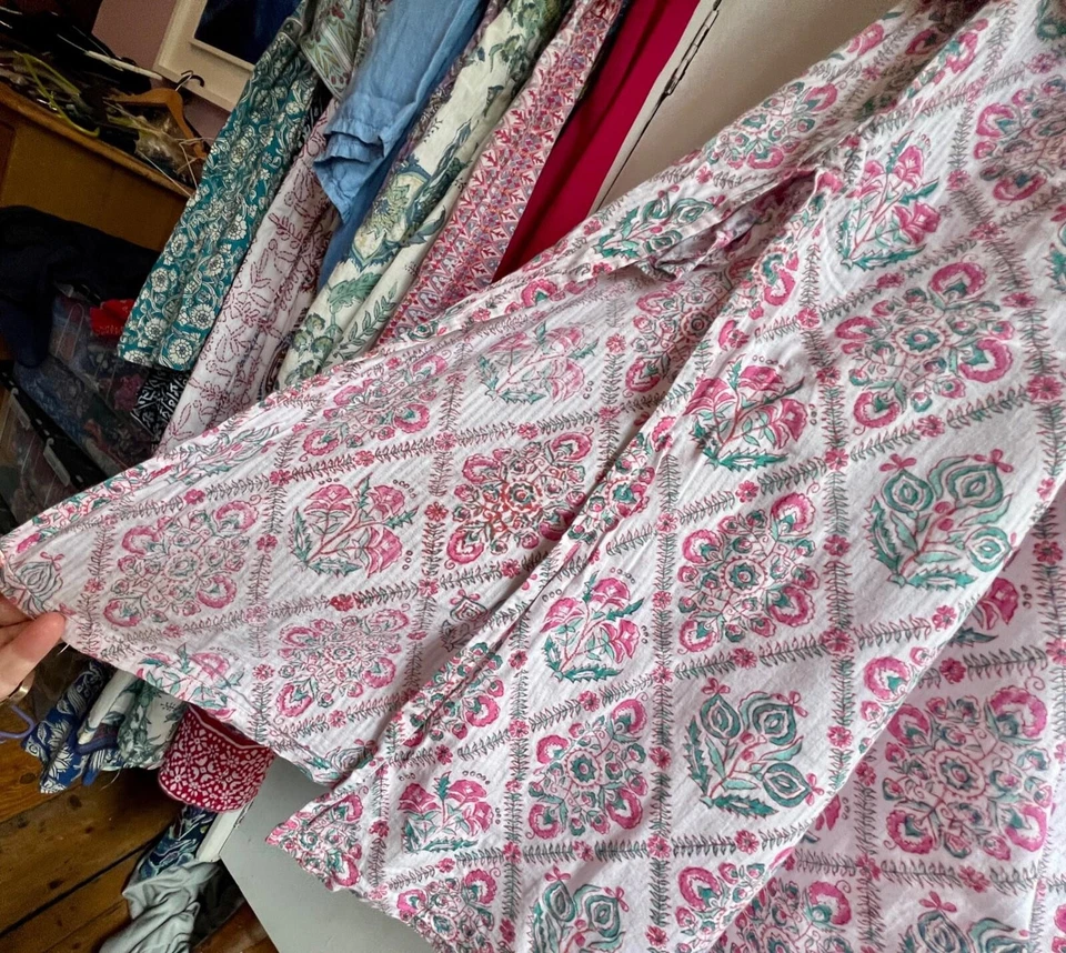 FABINDIA Kaftan Dress XXL Pink Green Floral Hand Block Print Cotton Midi Length - Image 4 of 4