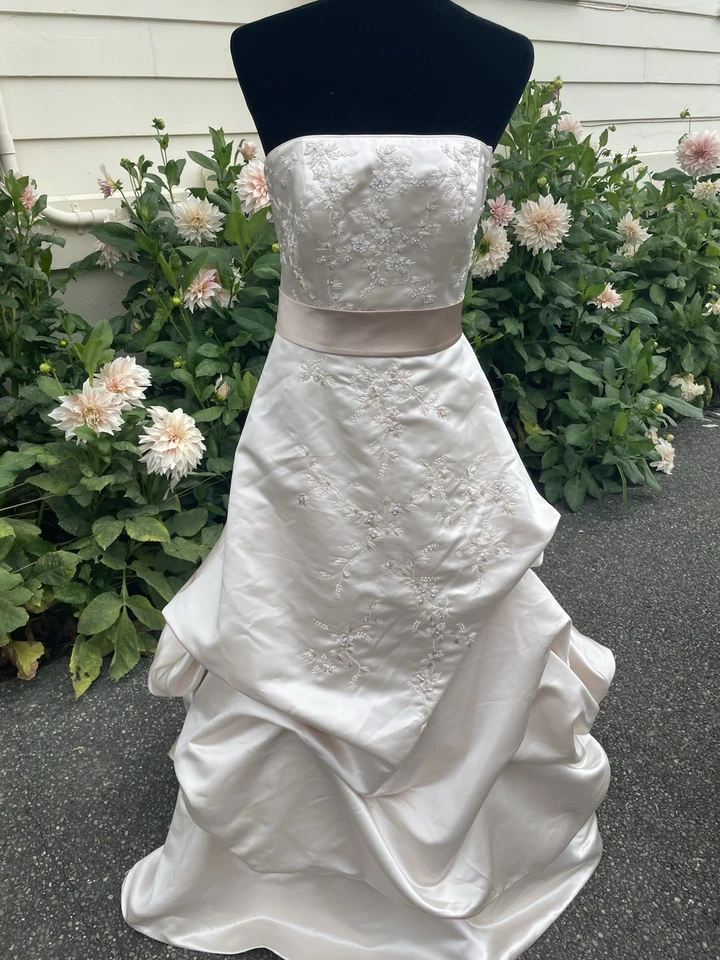 NUEVO CON ETIQUETAS VESTIDO DE NOVIA OLEG CASSINI CHAMPAGNE DE DAVID'S BRIDAL TALLA 6 CT203 Foto 4 de 4