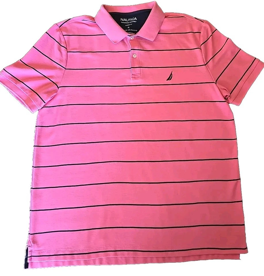 Camisa polo masculina listrada azul rosa Nautica Performance Deck XL primavera náutica - Imagem 2 de 4