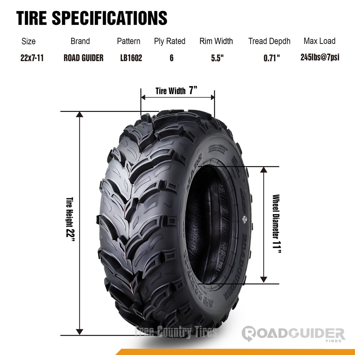 One ATV Mud Tires 22x7-11 22X7X11 6PR for Honda Recon 250 Suzuki