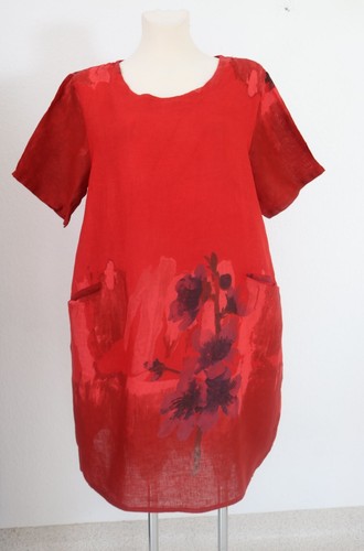 Ballon Leinen Kleid Tunika EG 42 44 46 48 LAGENLOOK 100%Leinen Blumen rot
