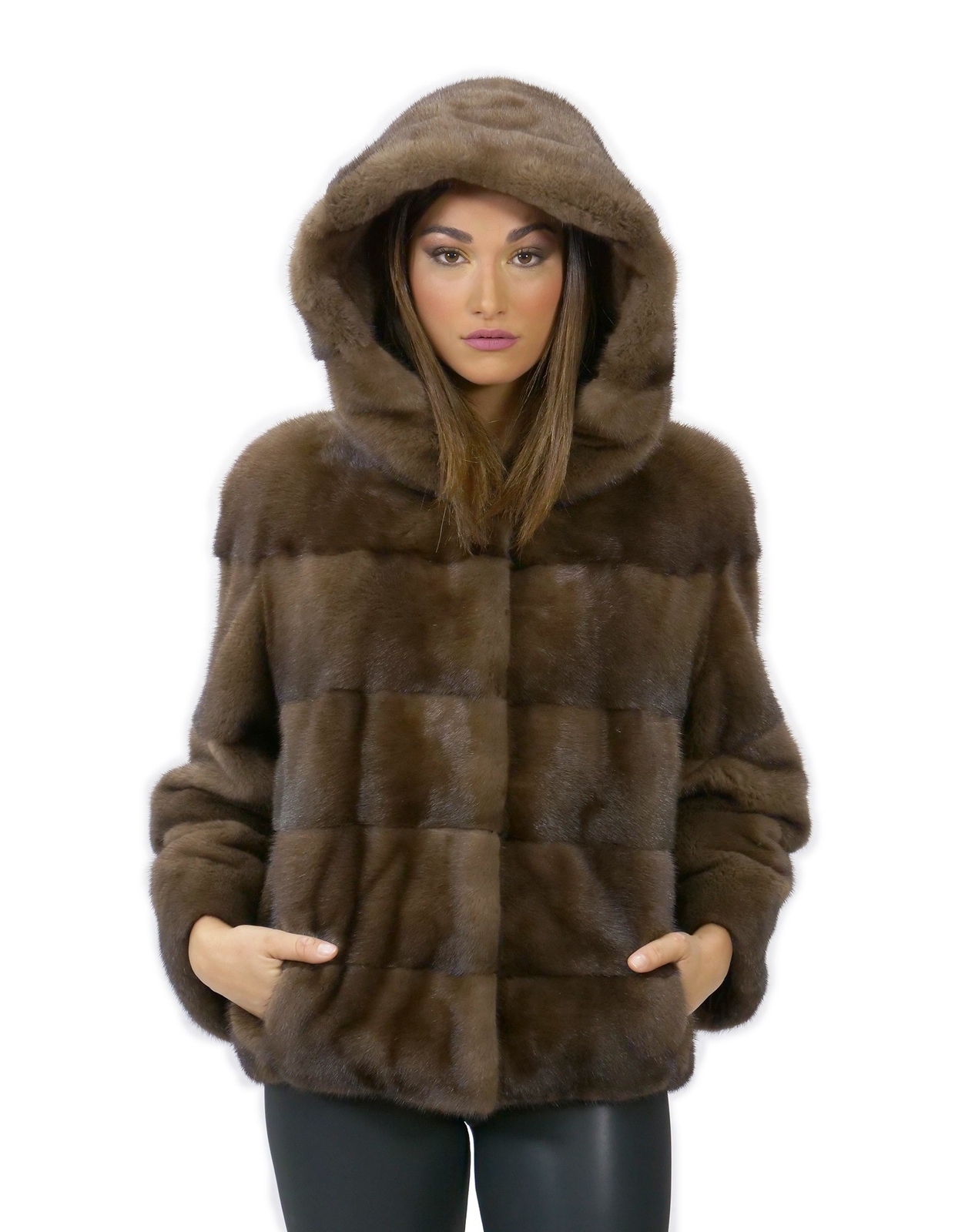 56 Mink fur hooded jacket 3/4 sleeve short demy buff