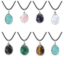 Handmade Wrapped Waterdrop Gemstone Pendant Necklace 18  Black Cord Natural