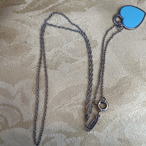 Return To Tiffany & Co. Blue Enamel Heart Tag Pendant Charm Necklace 16” Chain - Picture 6 of 10