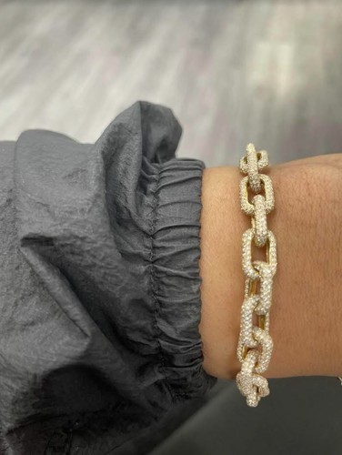 14K White Gold Diamond Paper Clip Bracelet Link Natural 8.49CT Round Cut Pave - Picture 4 of 4