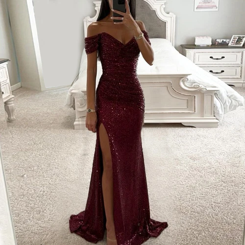 Women's Prom Dress Party Dress Sequin Sexy Maxi Dress Short Sleeve Pure Color - Imagen 6 de 17