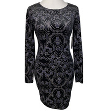 Guess Womens XS Dress Black Crushed Velvet Cortina Paisley Glitter Open Back New