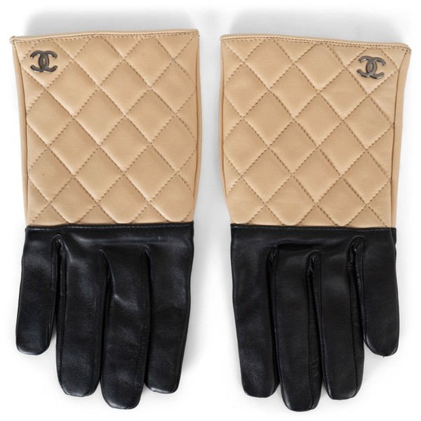 71422 authentische Chanel beige & schwarze gesteppte Lederhandschuhe 7