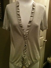 August Silk M Short Sleeve Cream Cardigan Sweater W Ruffled Trim