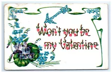 Postcard Wont You Be My Valentine Art Nouveau Posted 1910 Blue Purple Flowers