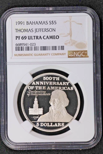 1991 Bahamas 5 Dollars Declaration Thomas Jefferson  silver coin NGC PF 69 UC