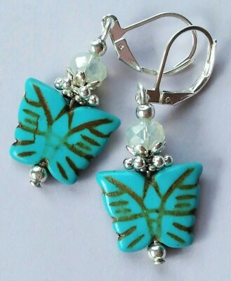 TURQUOISE butterfly Cloudy Crystal earring SP LEVERBACK artisan XX