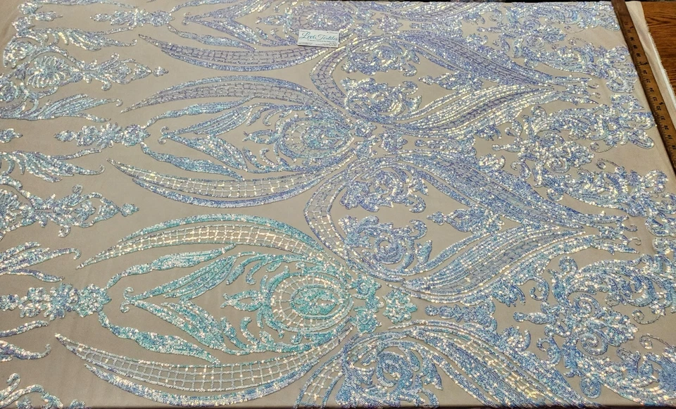 Tecido de lantejoulas de malha de elastano de náilon elástico azul/nude iridescente/design de ampulheta" - Imagem 4 de 4