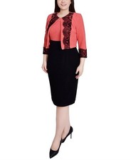 NY Collection Lace-Detail 2 Piece Knit Dress Set Black Petite Size 14P $62 SALE