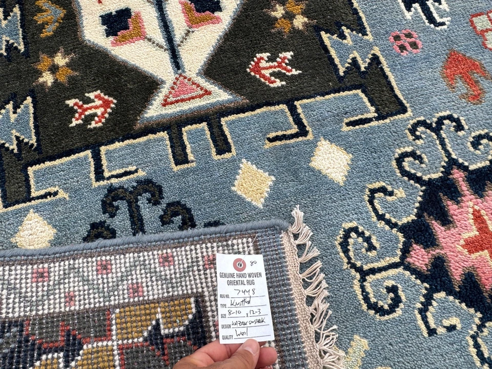 9x12 NEW WOOL ORIENTAL RUG HANDMADE blue geometric hand-knotted colorful oushak - Image 3 of 4