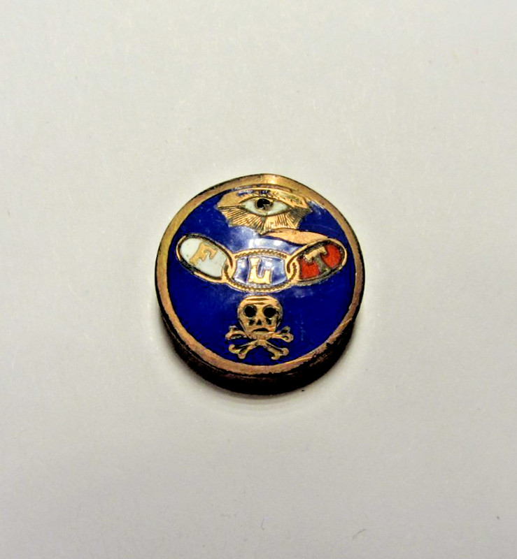 Antique IOOF Odd Fellows Enamel Lapel Pin Eye FLT Skull Crossbones