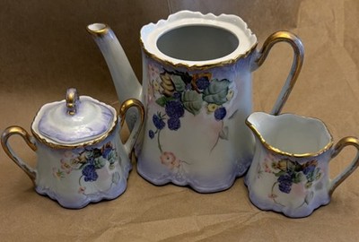 Antique B.R.C. Bavaria Porcelain Chocolate Pot Set   Blackberries & Gold Gilt 