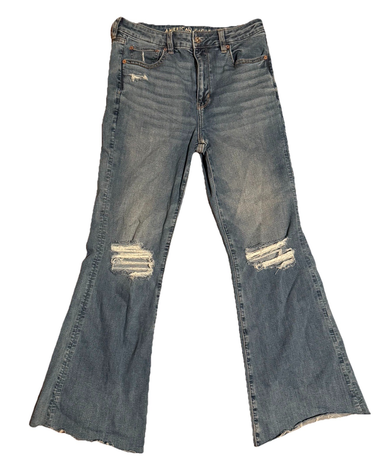 American Eagle Super hi rise flare size 8 Regular Raw Hem Distressed