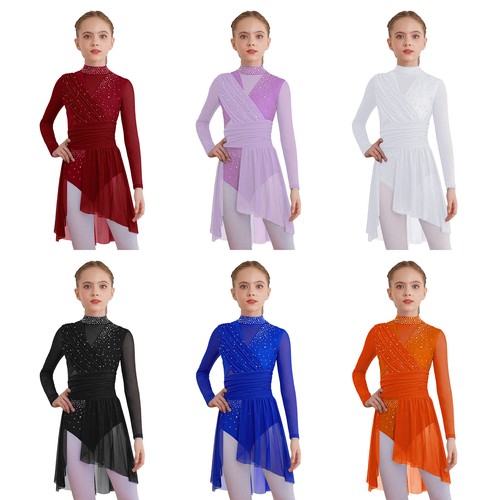 Kids Girls Costume Shiny Dancewear Fringed Dress Back Lyrical Cutout Mock Neck - Picture 5 of 83