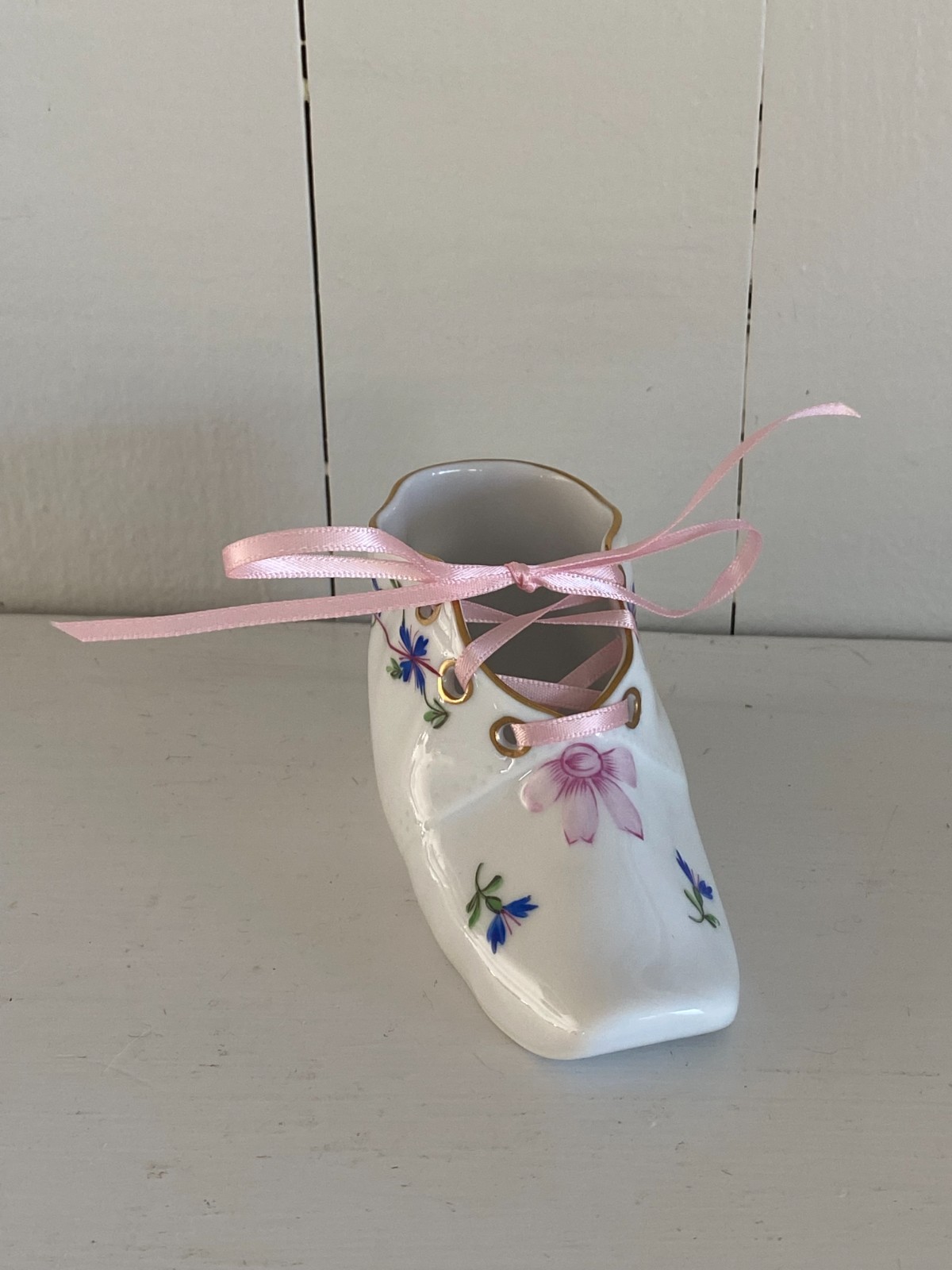 Vintage  - Herend Hungary Porcelain Floral Baby shoe with blue and pink flowers