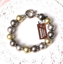 Orig. Mallorca Muschelkernperlen 14 mm Armband grün grau 22 cm Handmade Neu
