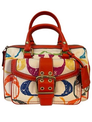 Coach Scribble Multi color Canvas Legacy Satchel Bag Leather Trim and Top Handle