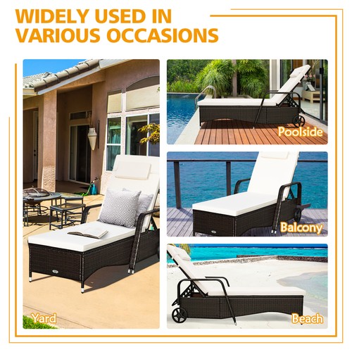Cushioned Outdoor Wicker Chaise Lounge Chair w/ Wheel Adjustable Backrest - Picture 6 of 10