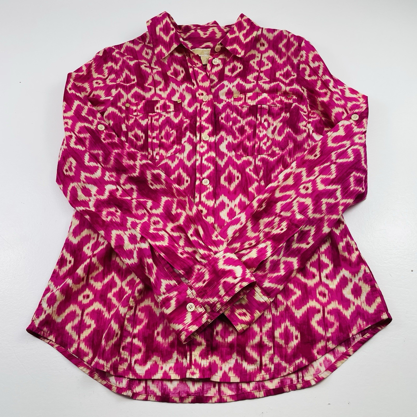 Michael Kors Women's Blouse Medium Pink Button Down Gold Details Office Casual