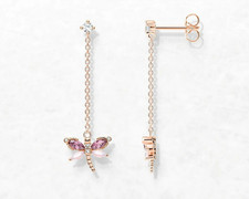 Dainty Butterfly 925 Sterling Silver Pink CZ Dangle Drop Stud Earrings